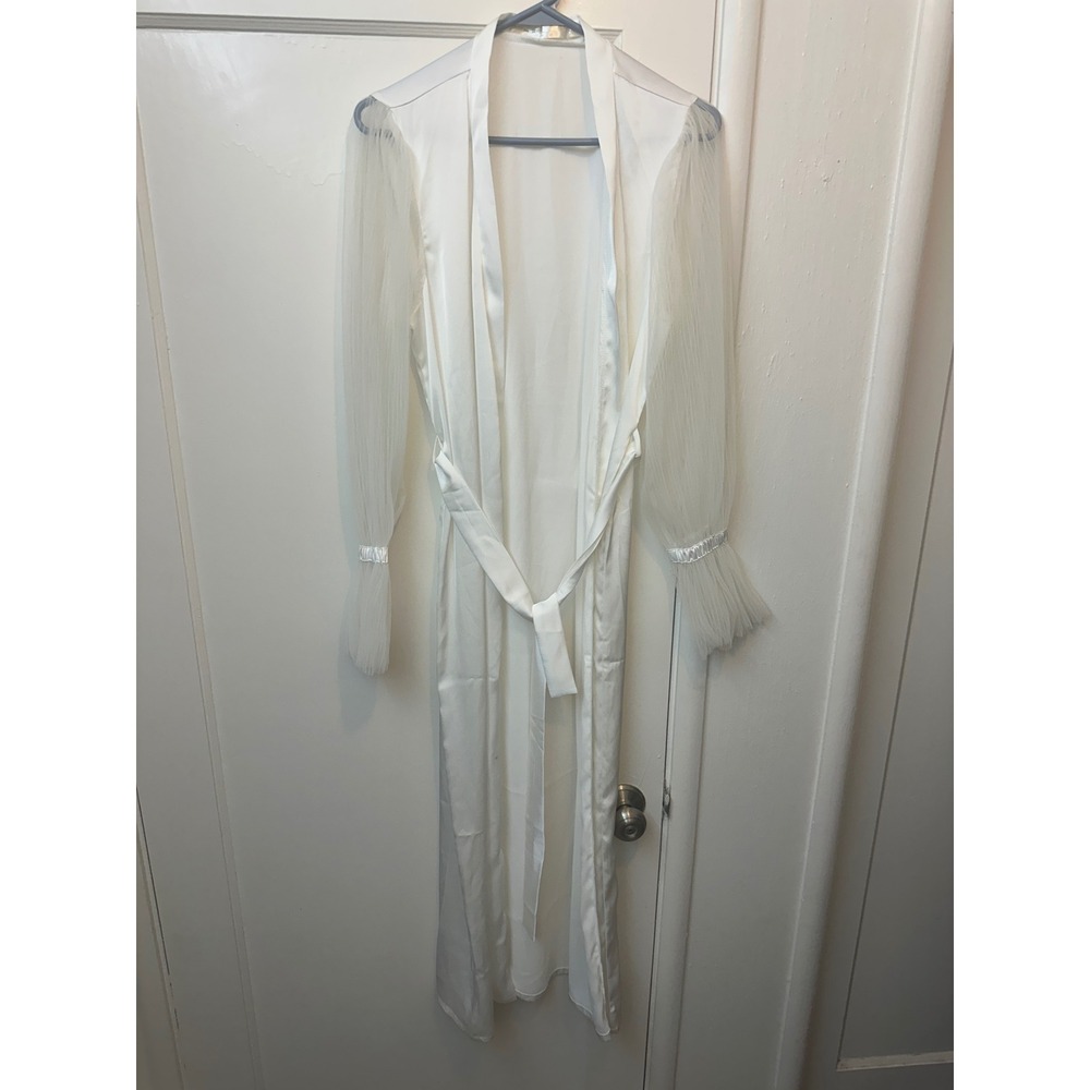 The Robe Womens White Satin Long Bridal Robe Sheer Pleated Mesh Sleeves Small